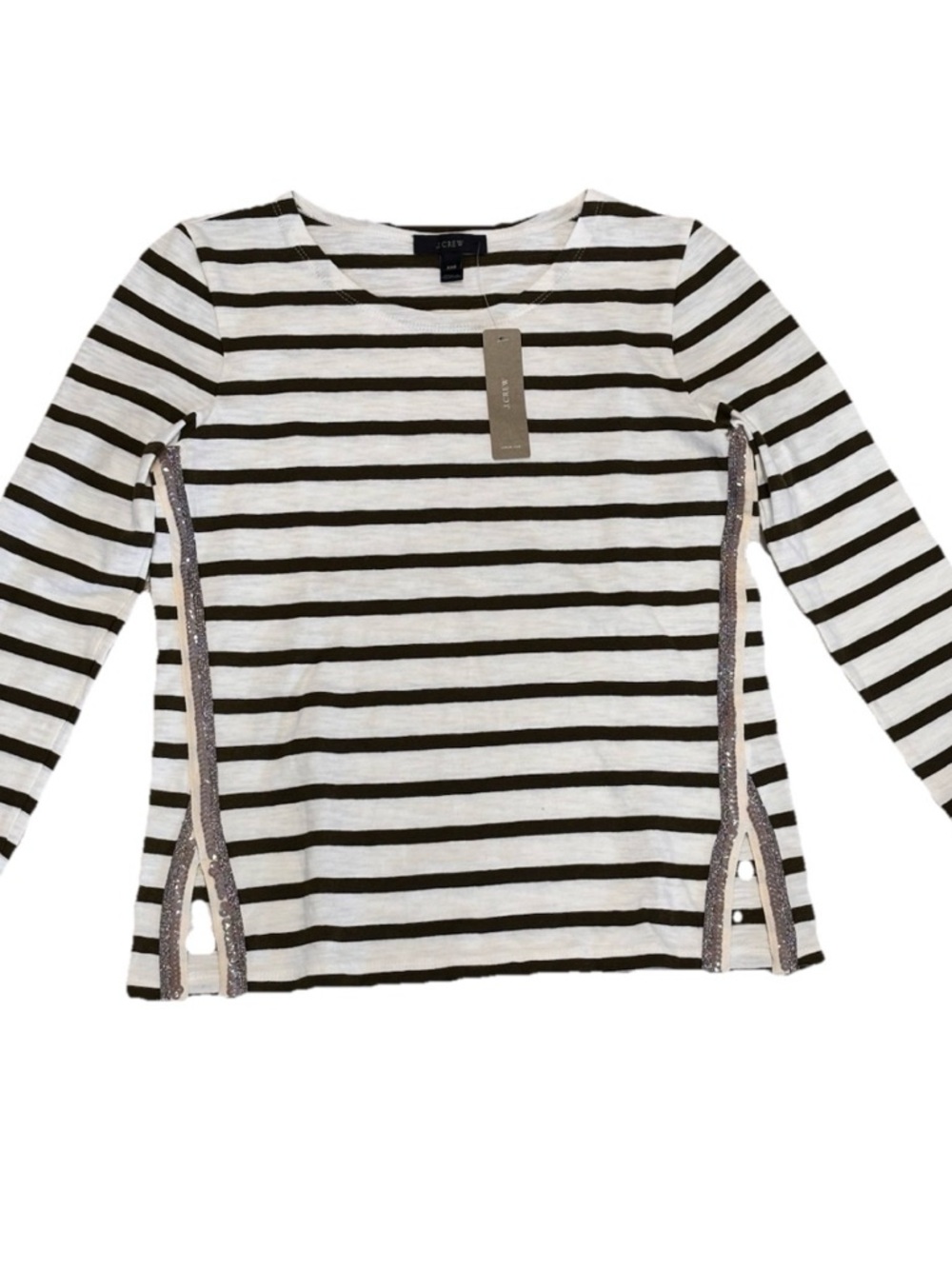 NWT J. Crew 3/4 Sleeve Striped Cotton Shirt Dark Olive Stripe XXS